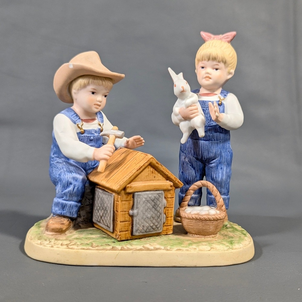 Vintage 1985 Homco Denim Days Figurine 1514 Building a Rabbit Hutch Porcelain